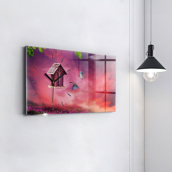 Horizontální skleněné hodiny na stěnu Ptačí budka