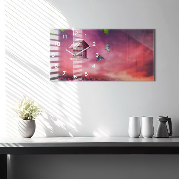 Horizontální skleněné hodiny na stěnu Ptačí budka