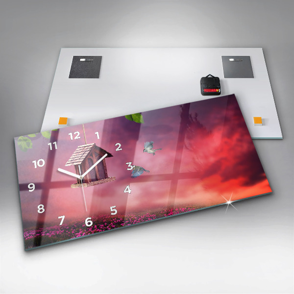 Horizontální skleněné hodiny na stěnu Ptačí budka