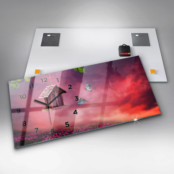 Horizontální skleněné hodiny na stěnu Ptačí budka