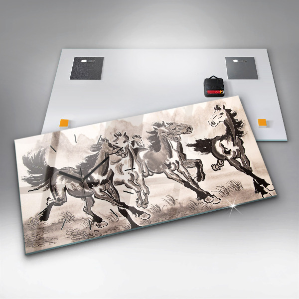 Horizontální skleněné hodiny na stěnu Cválající koně