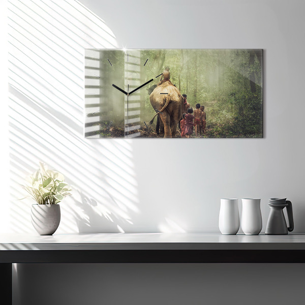 Horizontální skleněné hodiny na stěnu Děti vedoucí slona