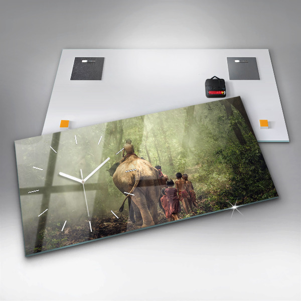 Horizontální skleněné hodiny na stěnu Děti vedoucí slona