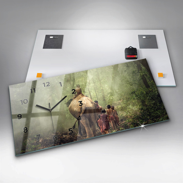 Horizontální skleněné hodiny na stěnu Děti vedoucí slona