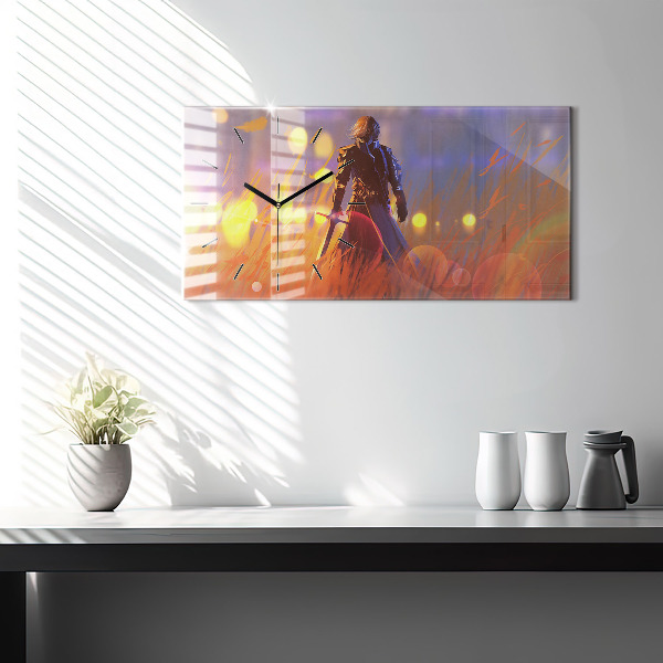 Horizontální skleněné hodiny na stěnu Rytíř s mečem