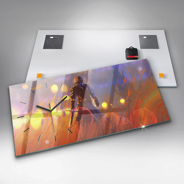 Horizontální skleněné hodiny na stěnu Rytíř s mečem