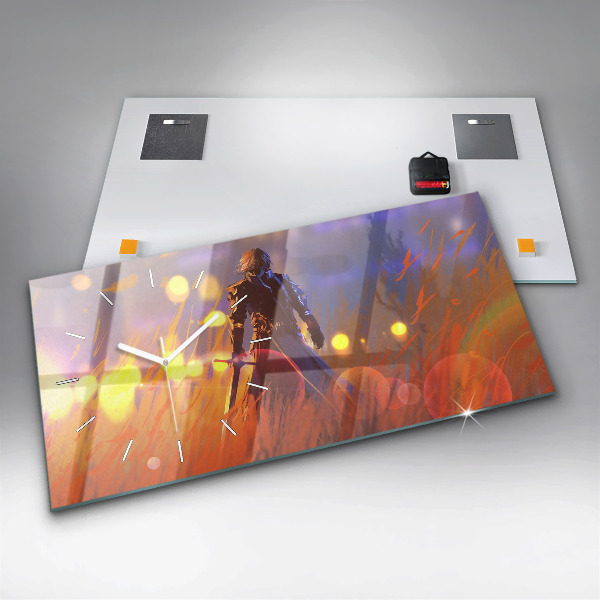 Horizontální skleněné hodiny na stěnu Rytíř s mečem