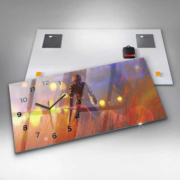 Horizontální skleněné hodiny na stěnu Rytíř s mečem