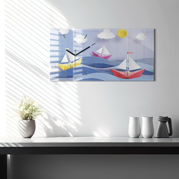 Horizontální skleněné hodiny na stěnu Origami barevné plachetnice