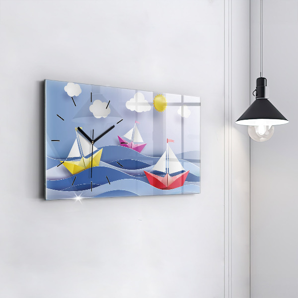 Horizontální skleněné hodiny na stěnu Origami barevné plachetnice