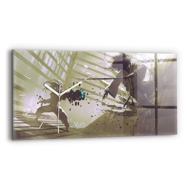 Horizontální skleněné hodiny na stěnu Boj mezi robotem a samurajem