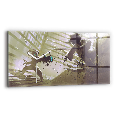 Horizontální skleněné hodiny na stěnu Boj mezi robotem a samurajem