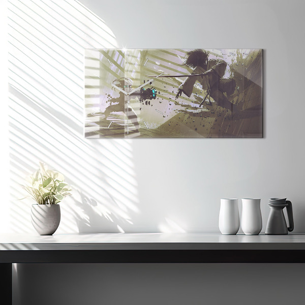 Horizontální skleněné hodiny na stěnu Boj mezi robotem a samurajem