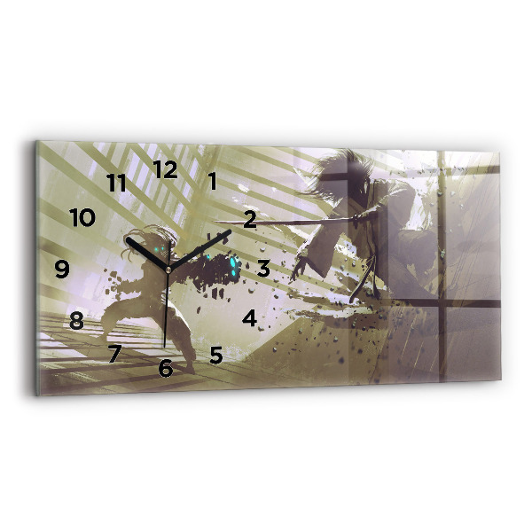 Horizontální skleněné hodiny na stěnu Boj mezi robotem a samurajem