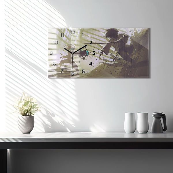 Horizontální skleněné hodiny na stěnu Boj mezi robotem a samurajem