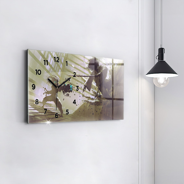 Horizontální skleněné hodiny na stěnu Boj mezi robotem a samurajem