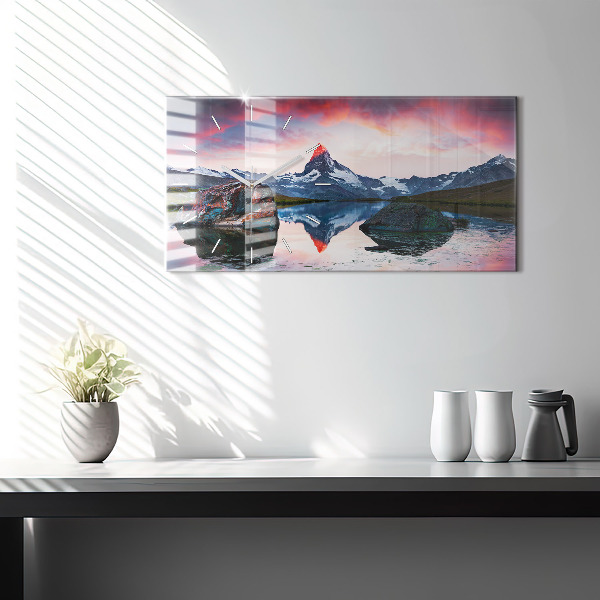 Horizontální skleněné hodiny na stěnu Jezero Stellisee Matterhorn