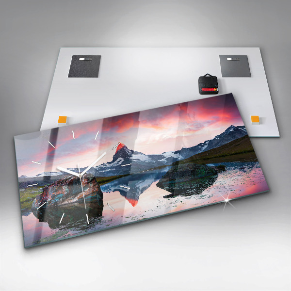 Horizontální skleněné hodiny na stěnu Jezero Stellisee Matterhorn