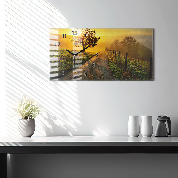 Horizontální skleněné hodiny na stěnu Mlha při východu slunce