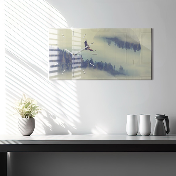 Horizontální skleněné hodiny na stěnu Mlžný les Orel