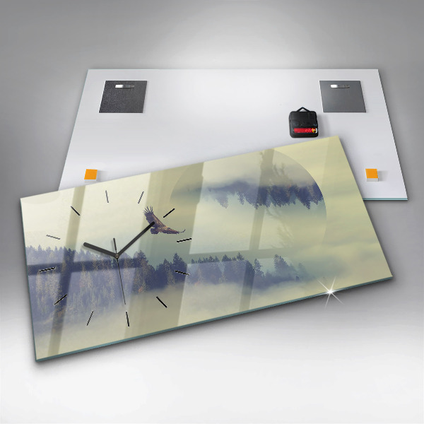 Horizontální skleněné hodiny na stěnu Mlžný les Orel