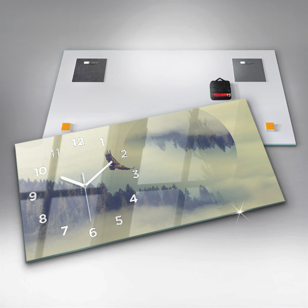 Horizontální skleněné hodiny na stěnu Mlžný les Orel