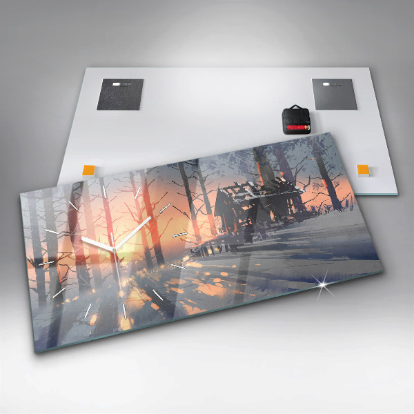 Horizontální skleněné hodiny na stěnu Zimní krajina stromů