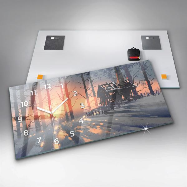 Horizontální skleněné hodiny na stěnu Zimní krajina stromů