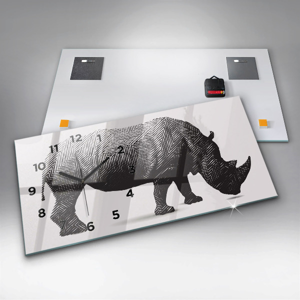 Horizontální skleněné hodiny na stěnu Nosorožec line art