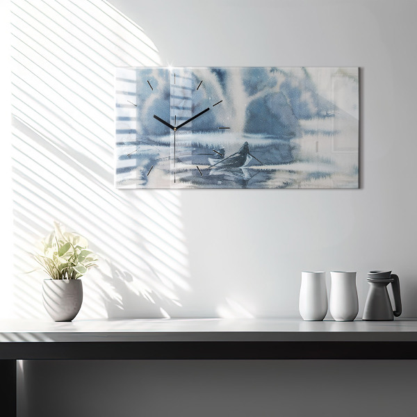Horizontální skleněné hodiny na stěnu Rybář na jezeře