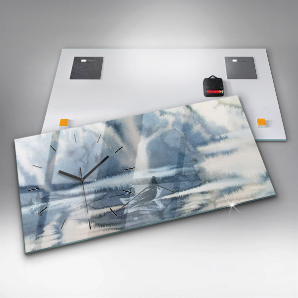 Horizontální skleněné hodiny na stěnu Rybář na jezeře