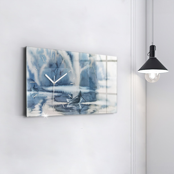 Horizontální skleněné hodiny na stěnu Rybář na jezeře