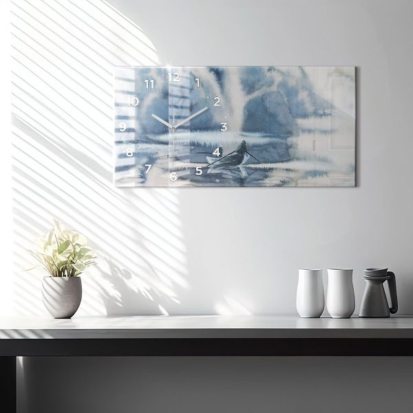 Horizontální skleněné hodiny na stěnu Rybář na jezeře