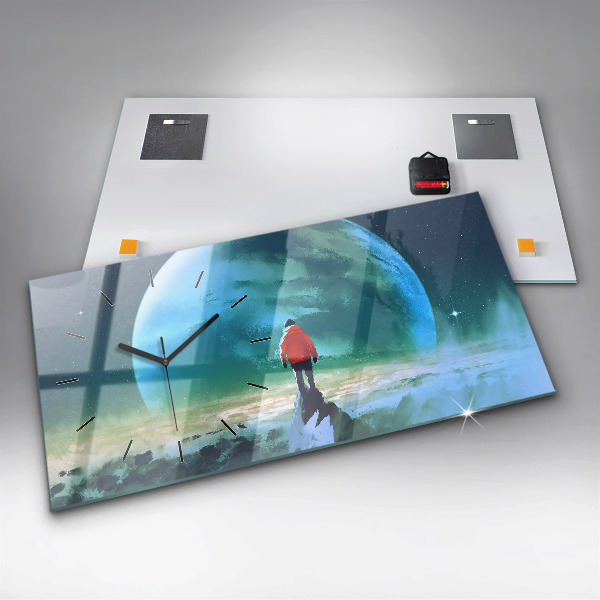 Horizontální skleněné hodiny na stěnu Muž na Měsíci