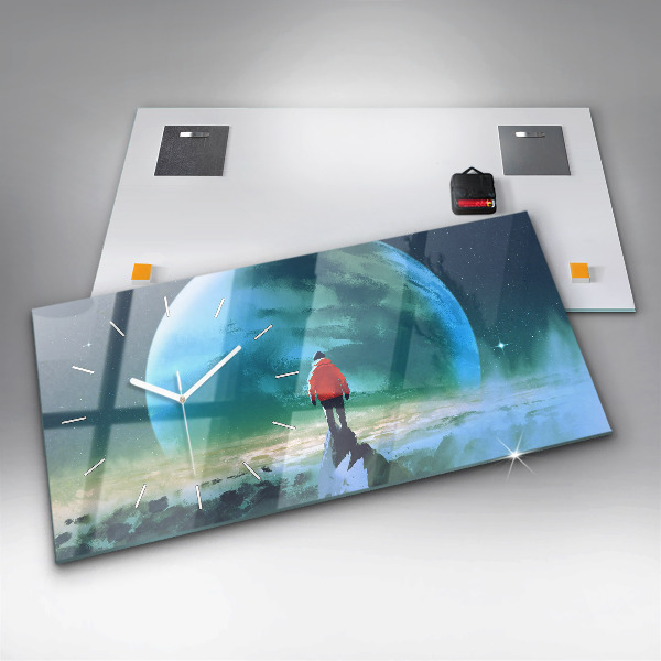 Horizontální skleněné hodiny na stěnu Muž na Měsíci