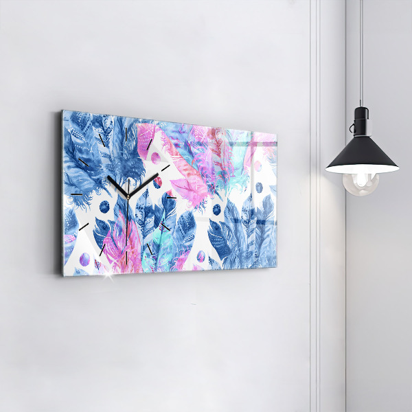 Horizontální skleněné hodiny na stěnu Barevné peří