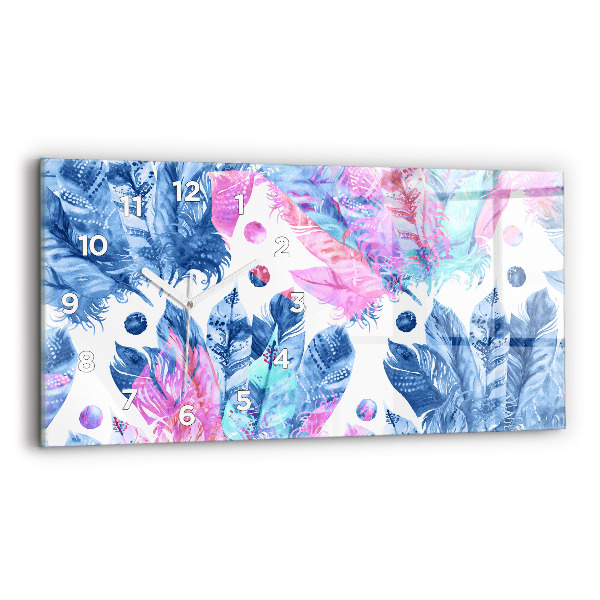 Horizontální skleněné hodiny na stěnu Barevné peří