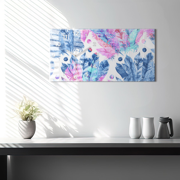 Horizontální skleněné hodiny na stěnu Barevné peří