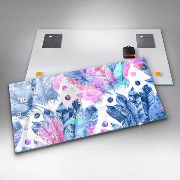 Horizontální skleněné hodiny na stěnu Barevné peří