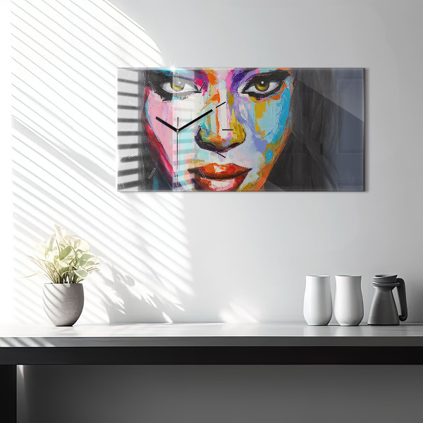 Horizontální skleněné hodiny na stěnu Barevná tvář ženy