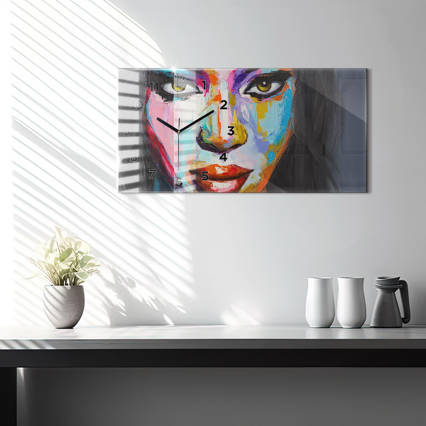 Horizontální skleněné hodiny na stěnu Barevná tvář ženy