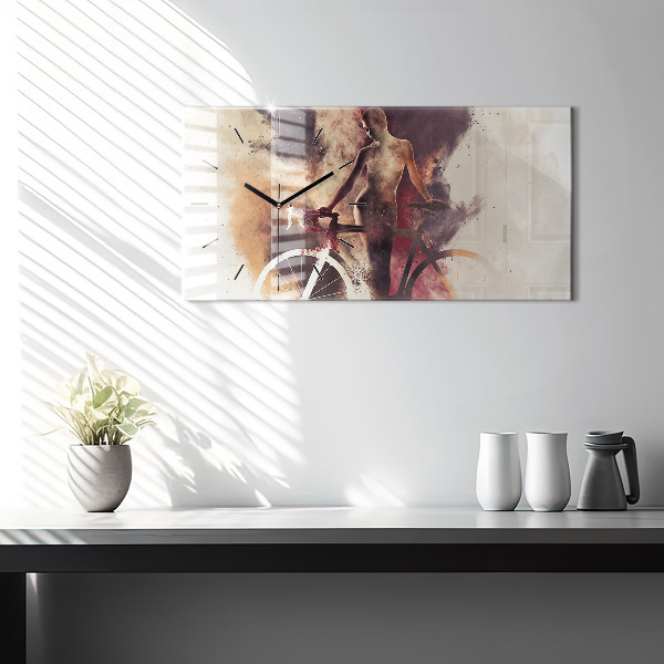 Horizontální skleněné hodiny na stěnu Žena a jízdní kolo