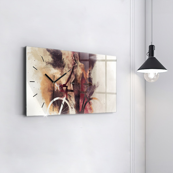 Horizontální skleněné hodiny na stěnu Žena a jízdní kolo