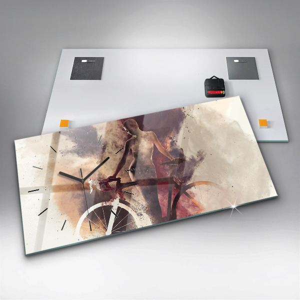 Horizontální skleněné hodiny na stěnu Žena a jízdní kolo