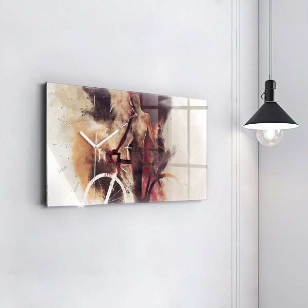Horizontální skleněné hodiny na stěnu Žena a jízdní kolo