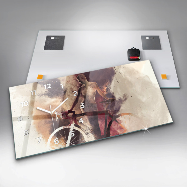 Horizontální skleněné hodiny na stěnu Žena a jízdní kolo