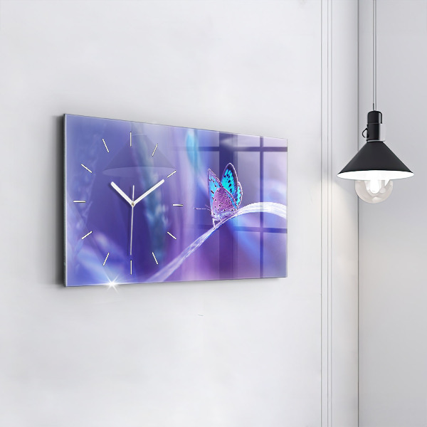 Horizontální skleněné hodiny na stěnu Motýl na trávě