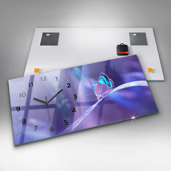 Horizontální skleněné hodiny na stěnu Motýl na trávě