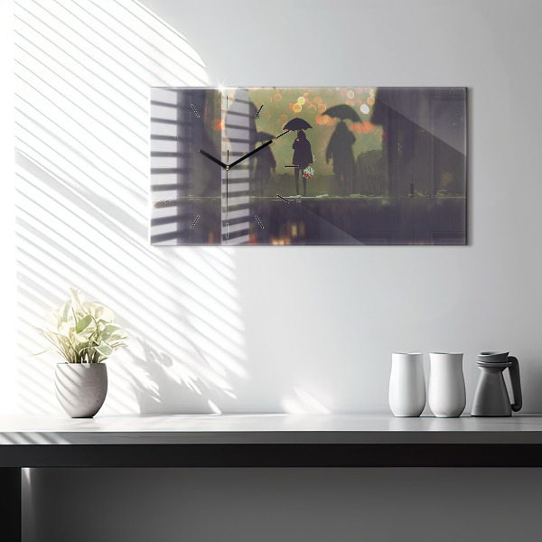 Horizontální skleněné hodiny na stěnu Lidé s deštníky