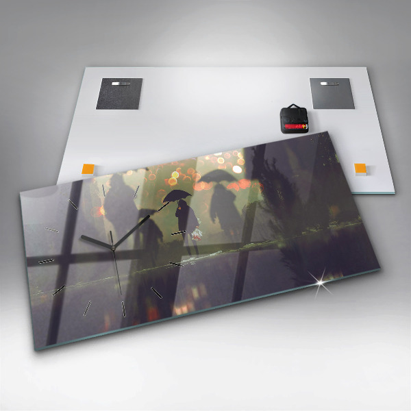 Horizontální skleněné hodiny na stěnu Lidé s deštníky